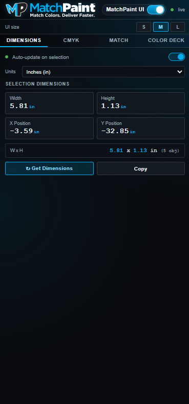 MPCompanion Dimensions tab showing selection measurements