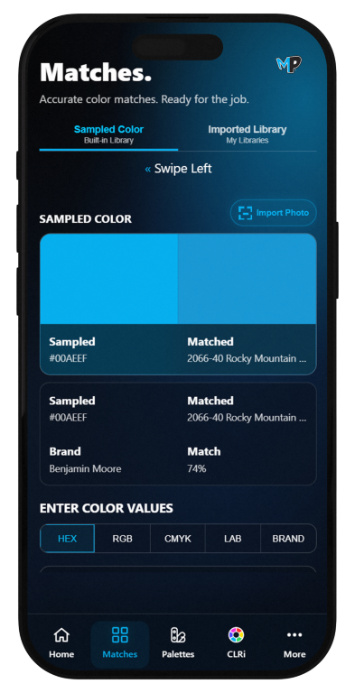 MatchPaint mobile color matching screen inside a large phone