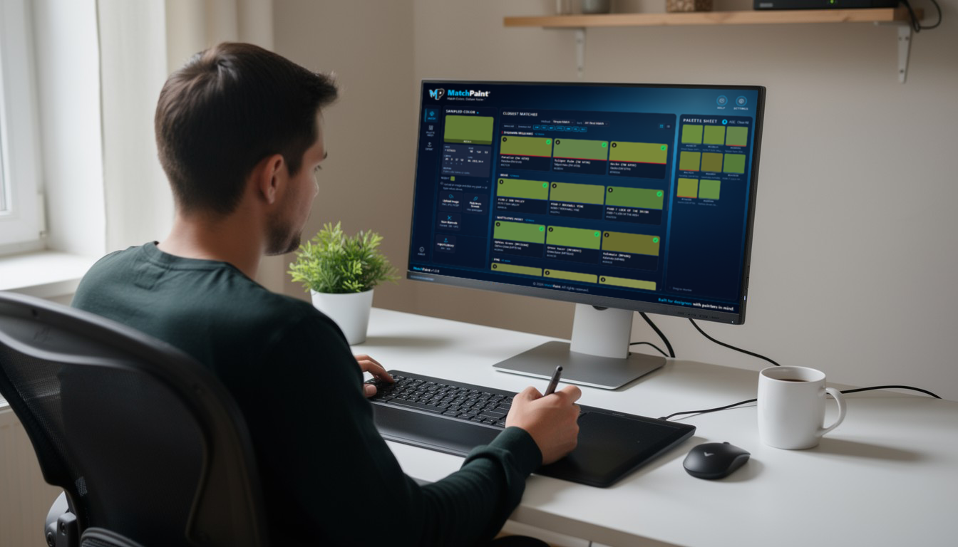 Designer reviewing MatchPaint color matches on a desktop display