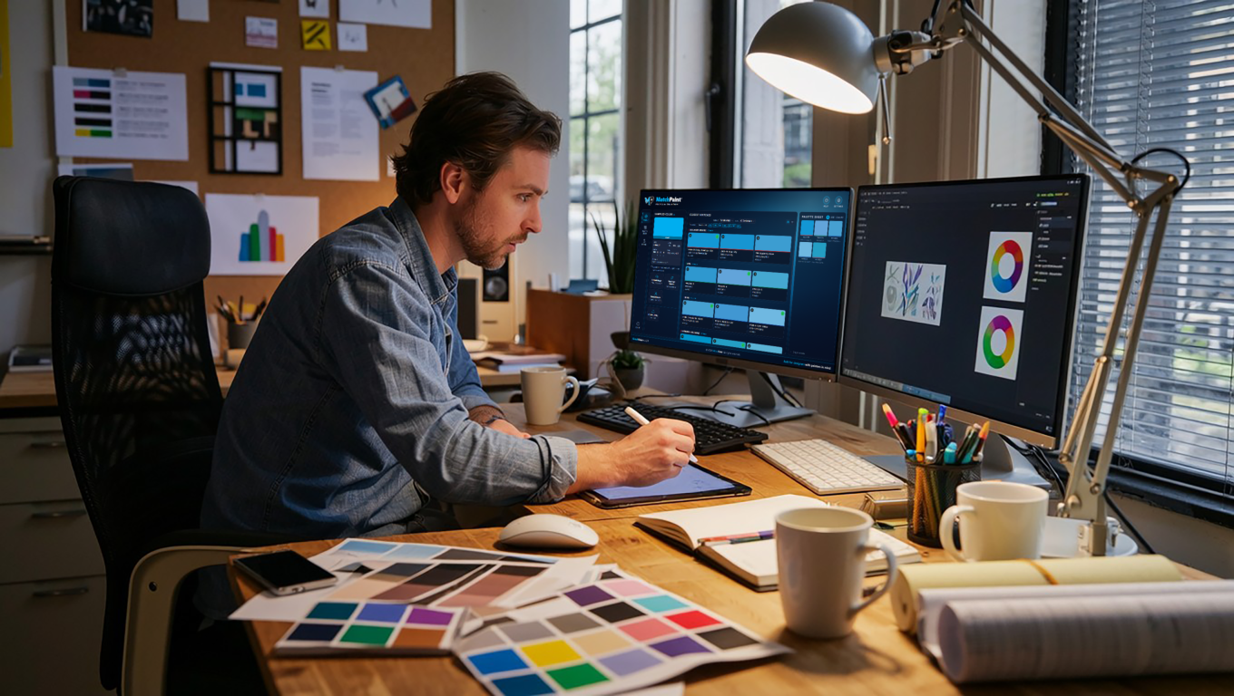Studio desk with MatchPaint desktop and design software on dual monitors